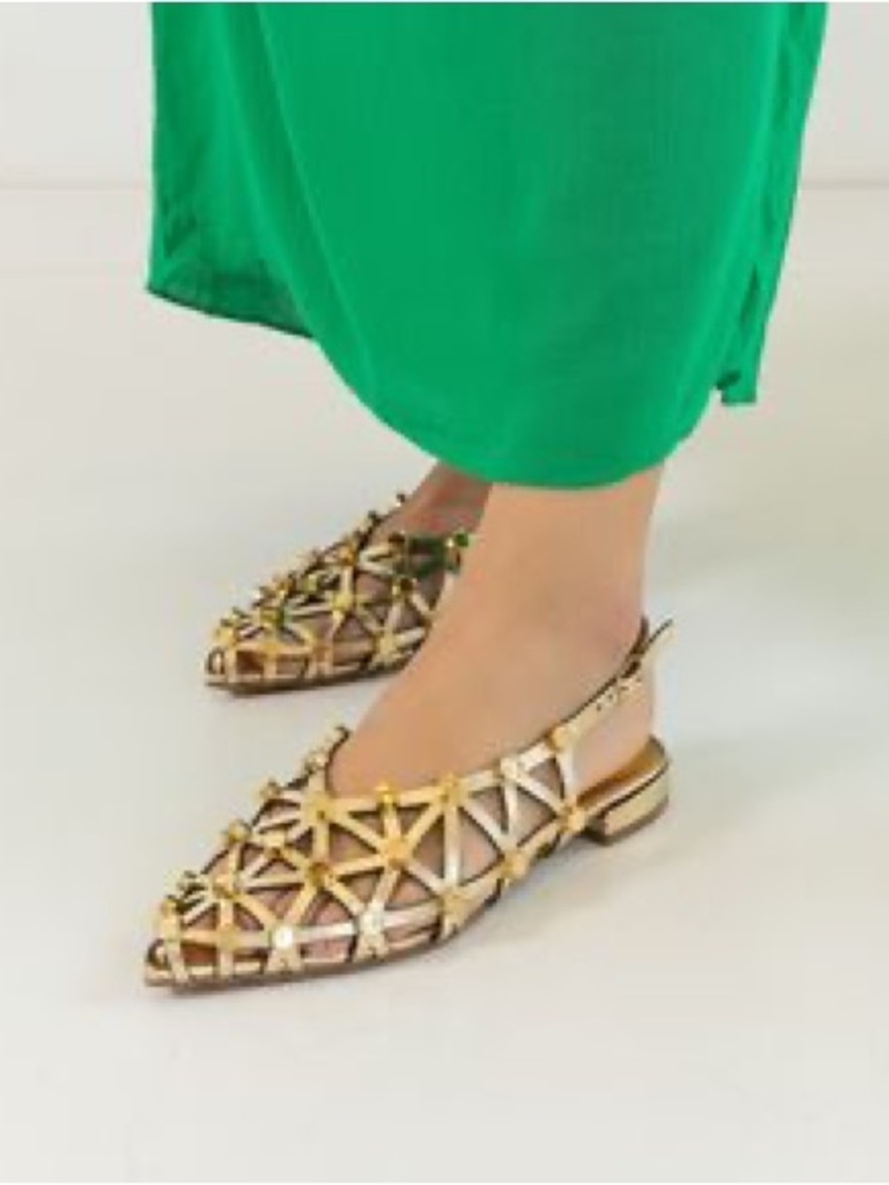 Gold Lattice Slingback Flats with Pointed Toe - Women's Dressy Loafers